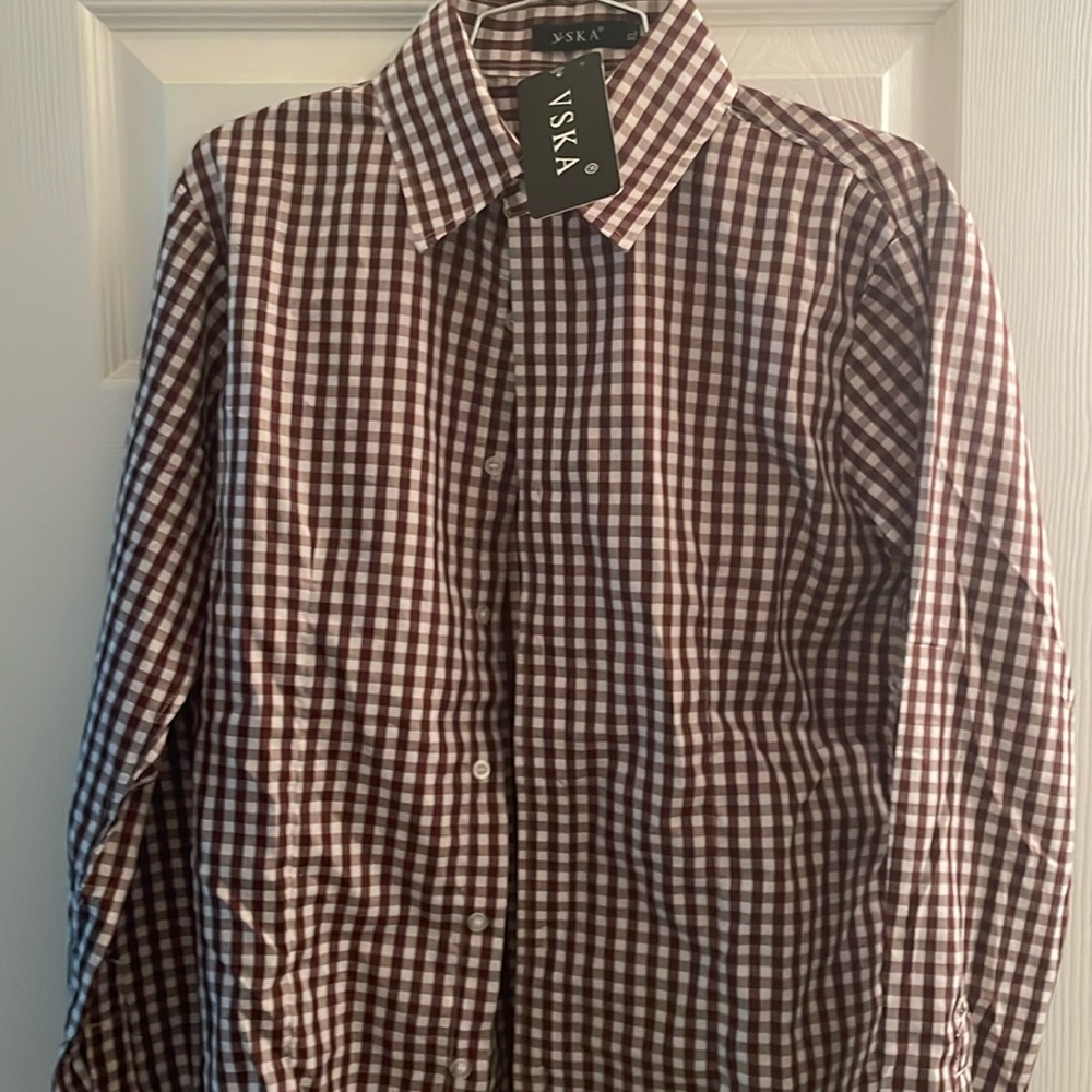 It’s brand new brown and white checkered, button-down youth shirt